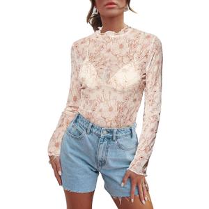 Women's Sheer Floral Long Sleeve Layering Top Ruffled Mock Neck Sheer Blouse for Casual Brunch Party Club Night Date Outfits (X-Large)
