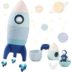 Silicone Rocket Stacking Toy - Space Rocket Toy - Baby Teething Toys -Early Learning Stacking Tower Educational Learning Stacking Toys Nesting Toy for Early Educational for Infants (Blue)
