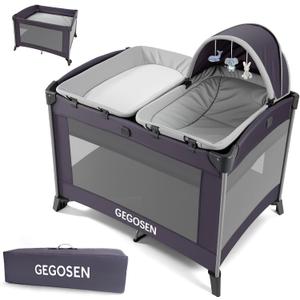 Portable Baby Playard 4 in 1 Design, Foldable Baby Playpen with Removable Bassinet, Canopy and Changing Table, Infant Playrad, Nursery Center Travel Crib (Toys Not Included)