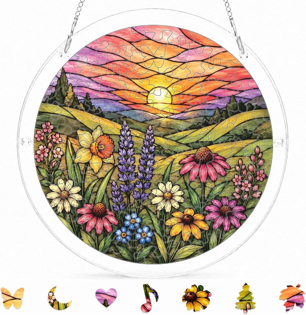 8.9 Inches Sunset Flower Garden Puzzle Suncatcher, Garden Decor, Gifts for Women