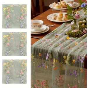 Sage Green Floral Table Runner 10ft Embroidery Tulle Spring Wildflower Table Runner Seasonal Summer Butterfly Kitchen Dining Gauze Decoration for Wedding Baby Shower Birthday Party (3 Pcs)