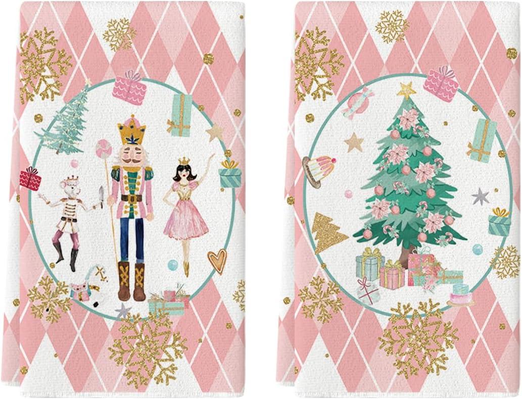 Artoid Mode Pink Nutcrackers Tree Christmas Kitchen Towels Dish Towels, 18x26 Inch Seasonal Winter Xmas Decoration Hand Towels Set of 2