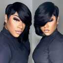 Short Pixie Wigs for Black Women Black Pixie Cut Wig Human Hair Short Wigs with Long Side Bang Soft Real Human Hair Glue less Layered Wigs with Bangs Full Machine Made (54H#)