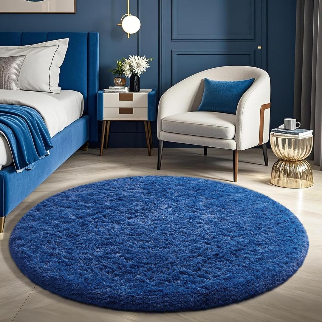 Ophanie Round Rug 5Ft Blue Circle Area Rug, Boys Room Decor, Fluffy Fuzzy Bedroom Carpet, Plush Soft Shaggy Living Room Rugs for Kids Home Decor Aesthetic, Nursery
