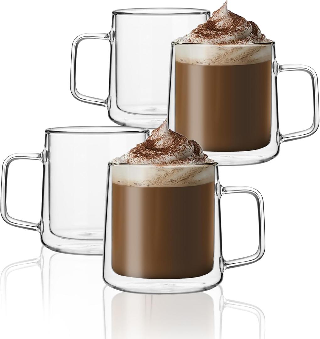 CNGLASS 12oz Glass Coffee Mugs,Double Wall Insulated Glass Cups with Handle,Clear Espresso Mugs for Latte,Cappuccino,Tea Bag,Set of 4 CNGLASS 12oz Glass Coffee Mugs,Double Wall Insulated Glass Cups with Handle,Clear Espresso Mugs for Latte,Cappuccino,Tea Bag,Set of 4