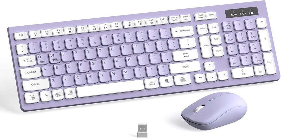 Wireless Keyboard and Mouse Combo, Full Sized Wireless Keyboard and Adjustable DPI Mouse, 2.4GHz USB Receiver, Silent Keyboard and Mouse for PC, Windows, MAC, Desktop, Laptop(Purple)