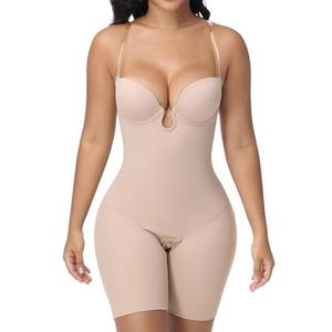 SHAPESHE Strapless Shapewear for Women U Plunge Backless Body Shaper Seamless Tummy Control Bra Bodysuit Low Back Butt Lifter Fajas Colombianas, M, Tan