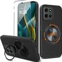 Compatible for Motorola Moto G 5G 2025 Phone Case with Tempered Glass Screen Protector, 360 Rotatable Ring Holder Kickstand Silicone TPU Protective Cover Case for Moto G 5G 2025 - Black