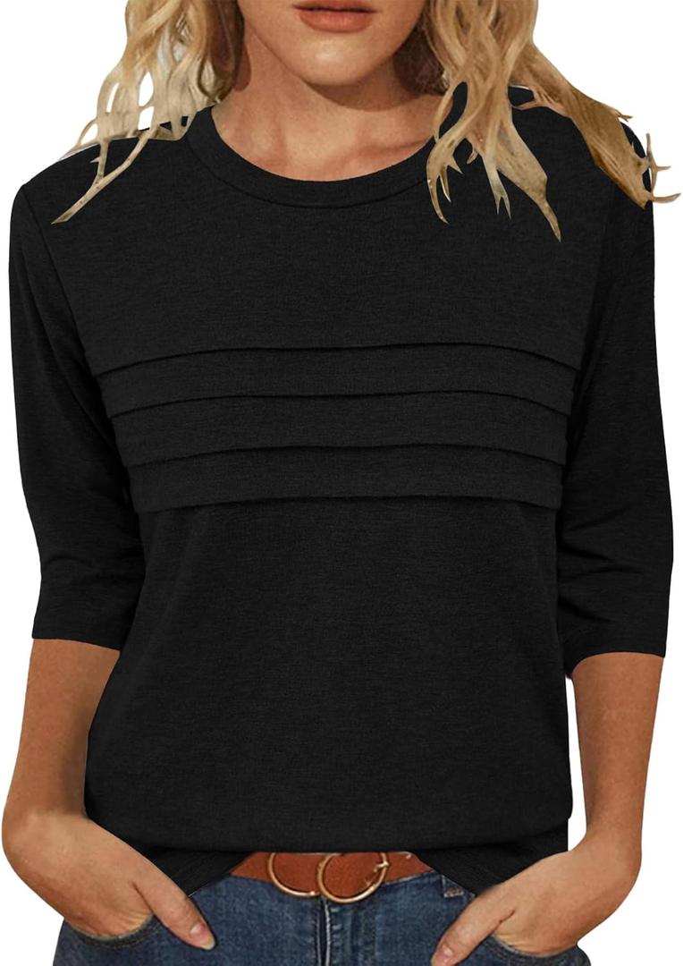 JomeDesign 3/4 Length Sleeve Womens Tops Round Neck Casual Tunic Tops Pleated Shirts Dressy (Small, Black)