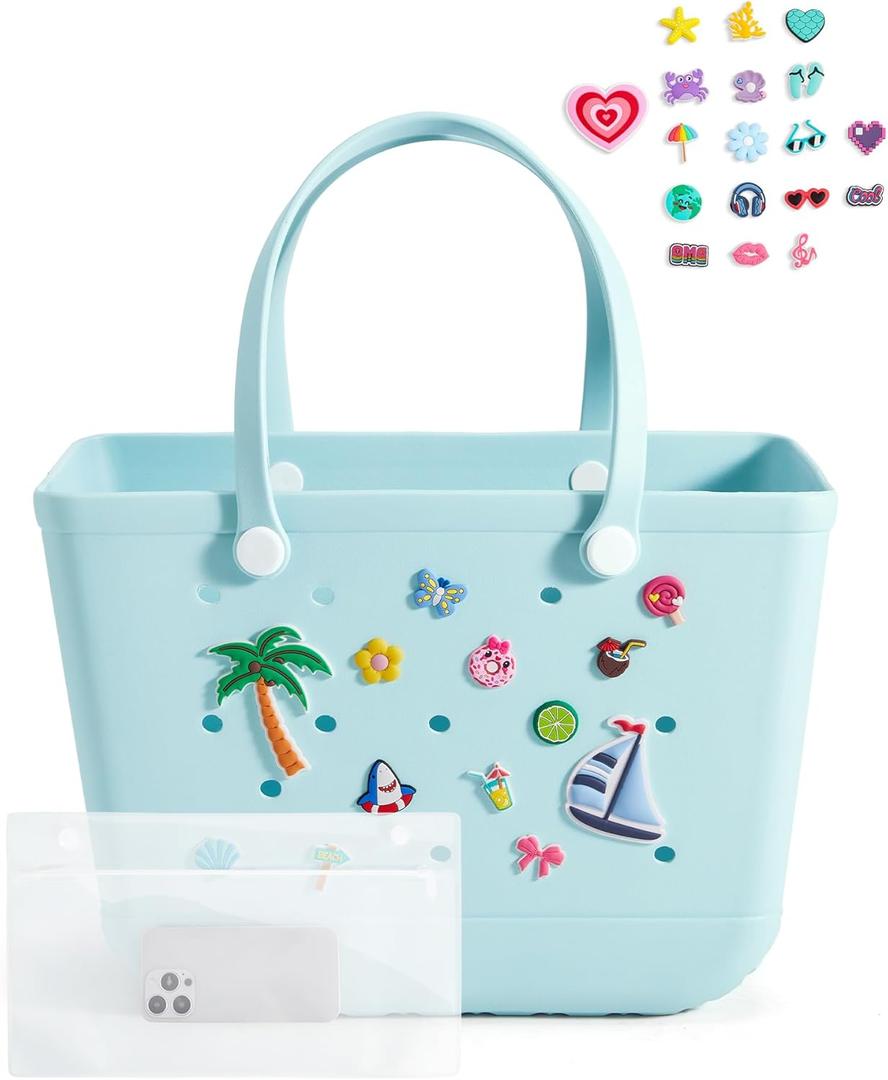 BAGSMART Large Beach Bag for Women with Cooler, Rubber Tote Bag with Charms, Waterproof Vacation Essentials for Swim Pool (Blue-single)