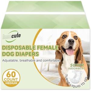 IMMCUTE Disposable Dog Diapers Female, 60 Count, Super Absorbent Dog Period Diapers Female Adjustable Waistbands & Leak-Proof Design for Heat Cycles, Incontinence | Doggie Diapers for Female Dogs