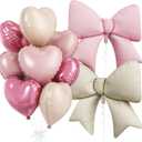 Pink White Heart Balloons, Foil Bow Balloons, 10Pcs 18 Inch Heart Shaped Balloon and 38 Inch Helium Pink Cream Bow Balloon for Girl Women Birthday Valentines Baby Shower Bridal Wedding Party Decor