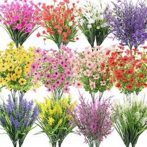 24 Bundles Artificial Flowers for Outdoor Decor - UV Resistant faux flowers with Eucalyptus & Fake Lavender Greenery Plants for Indoor Garden Patio Porch Window Box Home Outside Hanging Decoration