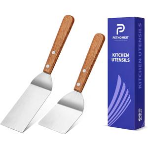 Small Metal Spatula Set,Mini Wooden Spatulas for Kitchen Use,Tiny Griddle Solid Stainless Steel Spatula With Wood Handle for Cake Fish Cookie,Grill Chef Baking Scraper Spatula Turner,2 Pack,Sliver