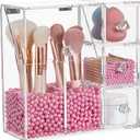 HBlife Makeup Brush Holder, Acrylic Makeup Organizer with 2 Brush Holders and 3 Drawers Dustproof Box, Free Pink Pearl Included