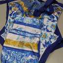 One Piece Bathing Suit for Women with Beach Cover up Wrap Skirt Swimsuit Sarong Retro Floral Print Bikini Set (Blue), XL