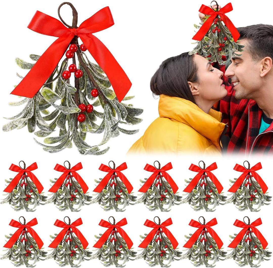 XunYee 12 Pcs Valentine's Day Mistletoe Decorations with Bow, Artificial Glitter Mistletoe Picks Hanging Kitchen Cabinet Valentined Decorations for Tree Home Door Wall Holiday Party(Red Berries)
