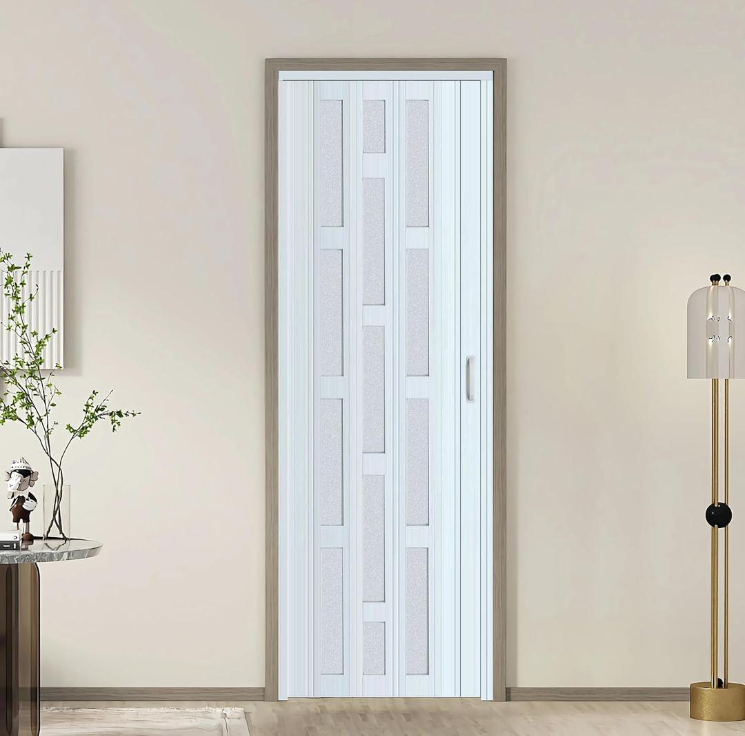 DIYHD 32X96in Glass Accordion Door with Latch&Handle, Double-Layer Thickened PVC Folding Interior Door with Frosted Acrylic - Blocks Views, Lets Light In, Easy Install for Closet, Utility&Room Divider
