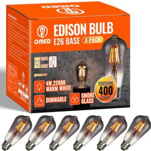 OMED LED Edison Vintage Light bulbs 40 Watt Equivalent E26 Base 2200k Warm White Dimmable ST64 Smoke Grey Glass 40w Energy Saving Ideal Dining Rooms Durable Light for a Cozy Atmosphere 6 Pack