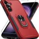 Compatible with Samsung Galaxy S24/S25 Case with Screen Protector Tempered Glass,Heavy Duty Shockproof Full Body Phone Cover Built in Metal Ring Holder Kickstand,2025 Red