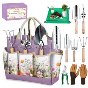 Gardening Tools 9-Piece Heavy-Duty Garden Tools Set, Stainless Steel Garden Hand Tools with Purple Floral Tote Bag and Repotting Mat Garden Supplies Kit Gifts for Women