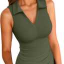VICHYIE Womens Sleeveless Tank Tops Lapel Collared V Neck Slim Fitted Ribbed Knit Tight Polo Tops (Medium, Green)
