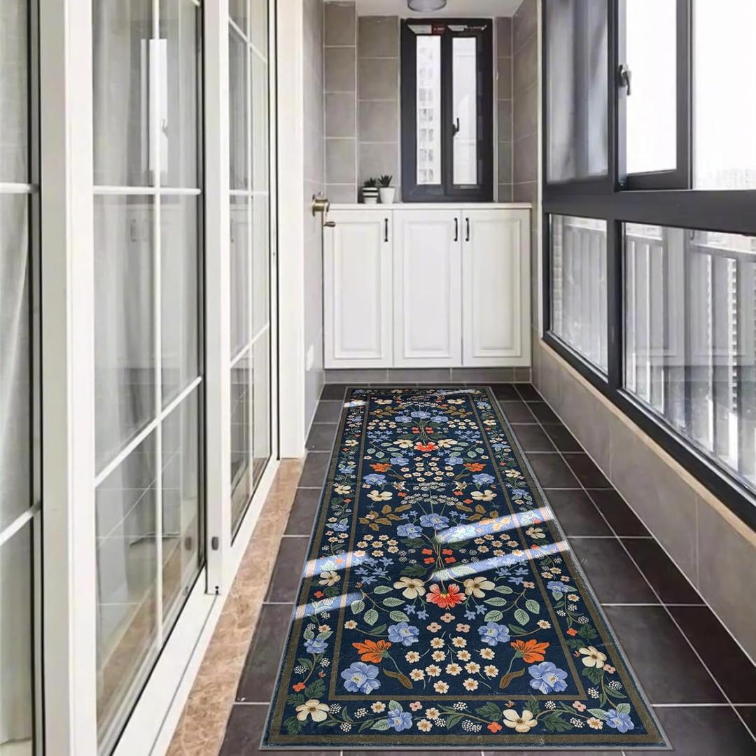 Azadx Runner Rug Washable Kitchen Runners 2'x 10' Runner Rug for Entryway Indoor Floral Soft Non-Slip Carpet Runners for Hallways, Kitchen, Laundry, Bedroom, Bathroom (Dark Blue-green)