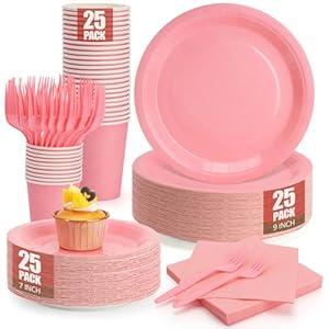 Pink Paper Plates for Party, Disposable Plates and Napkins Party Supplies Serves 25, 7&9inch Plates and Napkins Cups Forks Tableware Set for Baby Shower, Wedding, Birthday