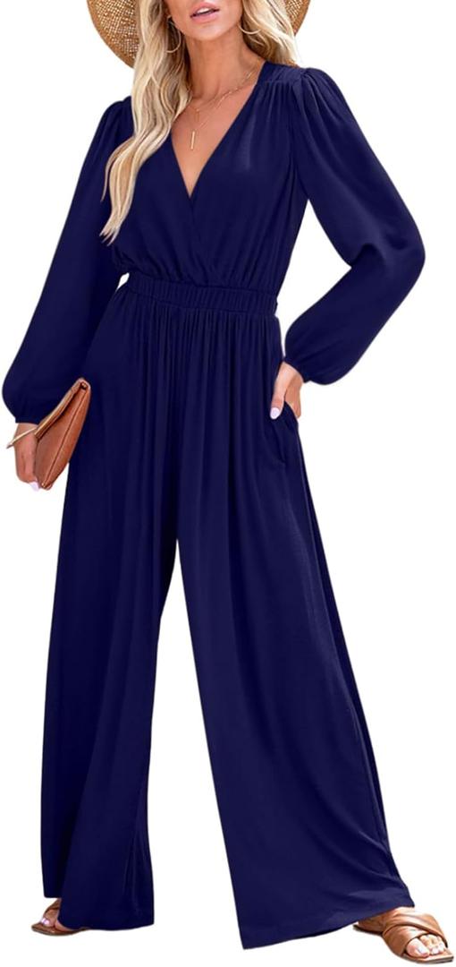 Dokotoo Jumpsuits for Women Lantern Long Sleeves Dressy 2024 One Piece Resort Wear Sexy V Neck Long Pants Smocket Waist Open Back Outfits for Fall Plus Size,Dark Blue XX-Large