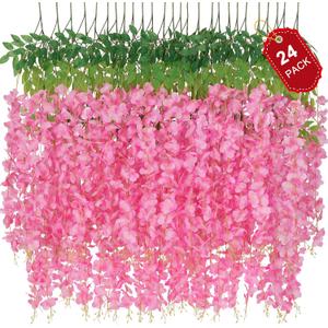 Waipfaru Wisteria Hanging Flowers, Fake Flowers, 24 Pack 3.6 Feet/Pcs Pink Wisteria Artificial Flowers, Fake Flowers Garland, Hanging Vines for Bedroom Wedding Home Party Wall Decoration