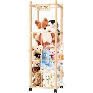 PHOKID 56In Animal Storage Zoo Tower with Wheels, Large Wooden Stuffed Animal Organizer with Elastic Band & Mesh Bottom, Toy Storage for Plushies in Playroom, Bedroom, Nursery