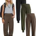 3 Pack Girls' Yoga Pants with Pockets High Waisted Joggers Workout Running Sweatpants Kids Casual Athletic Bottoms (9-10 Years, Black, Army Green, Brown)