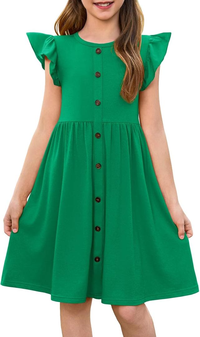 Haloumoning Girls Dress Kids Flutter Sleeve A-Line Button Down Sundress Casual Midi Dresses 5-14 Years Green
