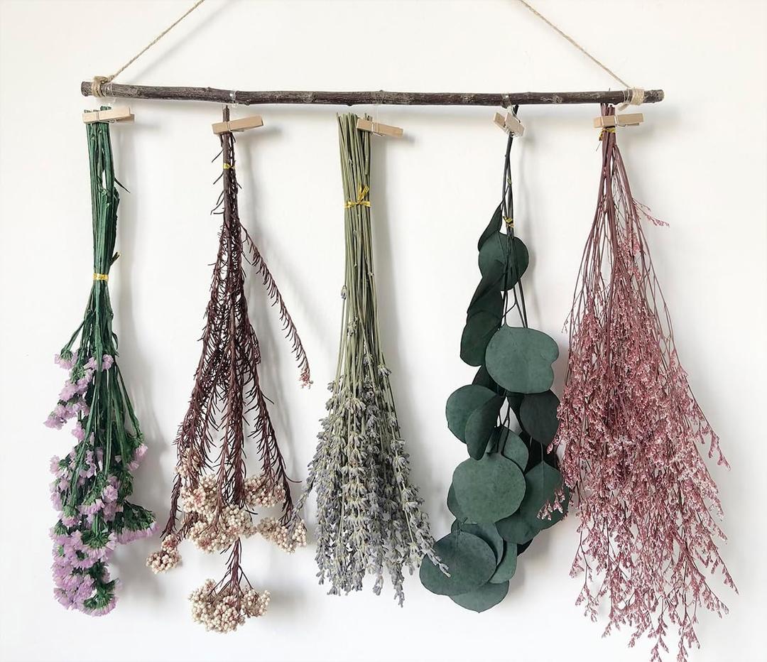 DongArts Natural Dried Flower Rack, Dried Flower Wall Hanging for Boho Farmhouse Wall Decor, Eucalyptus Dried Herb Rack, Greenery Hanging Plants for Kitchen, Bedroom, Living Room, Lavender