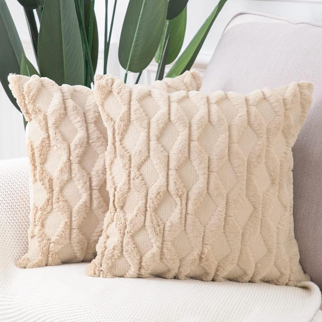 MADIZZ Set of 2 Soft Plush Short Wool Velvet Decorative Throw Pillow Covers 16x16 inch Khaki Square Luxury Style Cushion Cases Pillow Shell for Sofa Bedroom