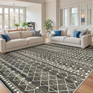 Miukiki 8x10 Area Rug for Living Room Moroccan Washable Rugs Non Slip Indoor Floor Carpet Foldable Large Soft Area Rug for Dining Room Bedroom with Low Pile(Black,8'x10')