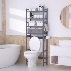 Over The Toilet Storage with 2 Baskets, 4-Tier Bamboo Organizer Rack with Paper Holder & 4 Hooks & Waterproof Feet Pad,Freestanding Shelf for Bathroom, Grey 