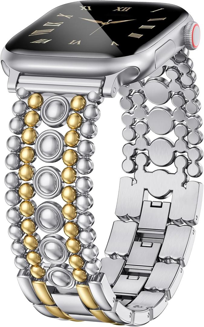 Minyee Compatible with Apple Watch Band 42/46/38/40/41/44/45/49mm Women, Dressy Pretty Stainless Steel Metal Strap Fancy Studded Designer Link Bracelet for iWatch Series 11 10 9 8 7 6 5 4 SE/Ultra 3 (Silver/Gold)