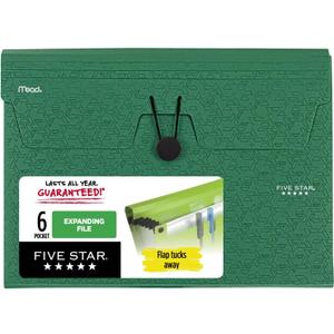 Five Star 6 Pocket Expanding File Organizer, Plastic Expandable File Folders with Pockets and Tab Inserts, Holds 11" x 8-1/2", Bungee Closure, Forest Green (72925)