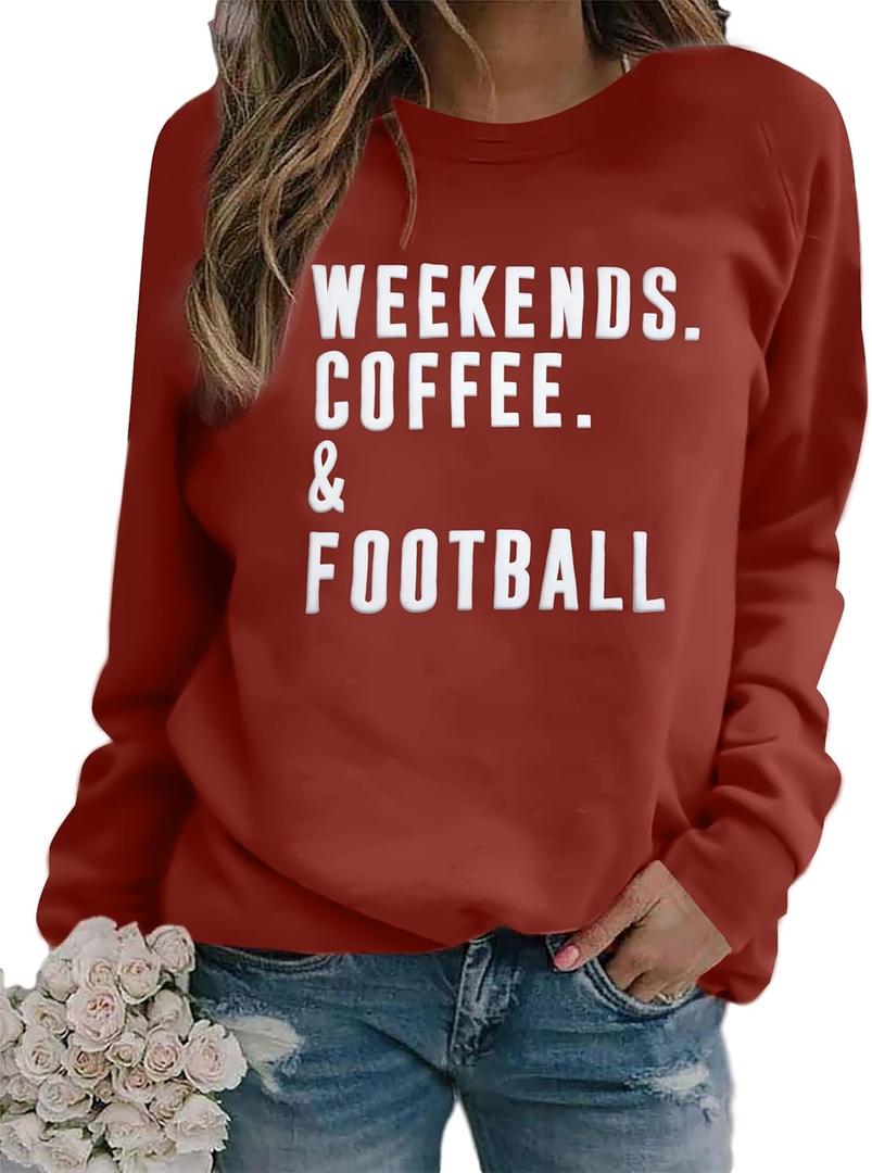 EGELEXY Football Game Day Sweatshirts Weekends Coffee and Football Sweatshirt Women Football Mom Crewneck Pullover (Brown, M)