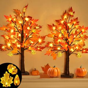Thanksgiving Decorations, 2 Pack 24''/2FT Prelit Fall Maple Tree Fall Decor Total 48 LED Timer Battery Operated Lighted Pumpkins Acorns Maples Leaves Thanksgiving Autumn Indoor Home Table Christmas