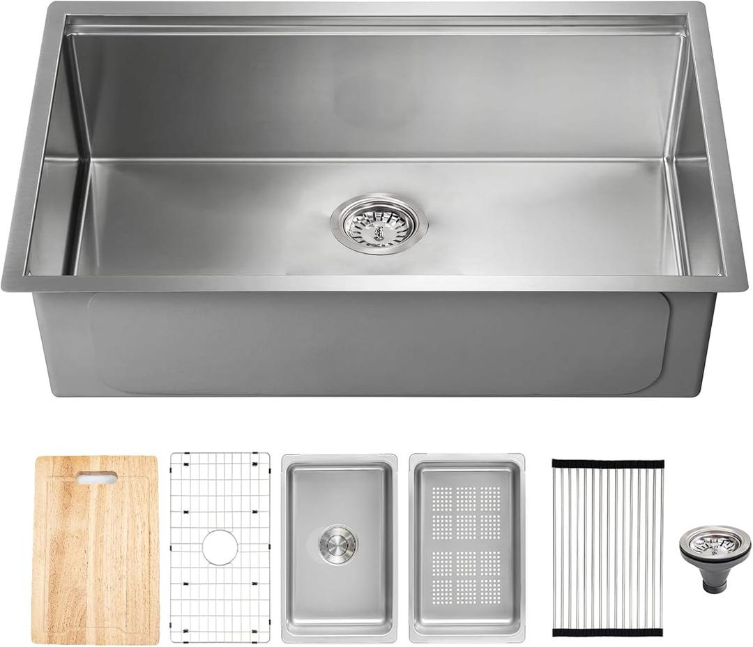 3018 Inch Undermount Kitchen Sink, Stainless Steel Single Bowl Workstation Sink with Bottom Grid and Strainer for Home (Sliver)