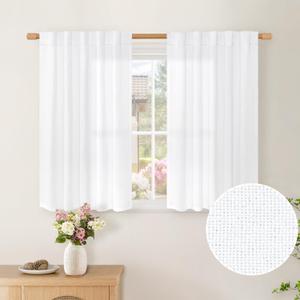 BGment Short Linen Curtains 36 Inch Length 2 Panels for Kitchen Over Sink, Rod Pocket White Light Filtering Drapes for Small Window Bathroom Cafe Lightweight Back Tab, 42 X 36 Inch