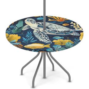 Outdoor Round Tablecloth with Umbrella Hole, Sea Turtle Fitted Table Cloth Waterproof Umbrella Table Cover Elastic Circle Table Cloth with Zipper for Party Picnic, Fit for 45"-56" Round Tables