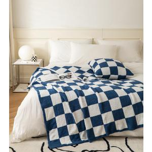 Ultra-Soft Buffalo Checkerboard Grid Fluffy Microfiber Knitted Throw Blanket Super Cozy Lightweight Checkered Bed Blanket for Sofa Couch Bed Navy 51"X63"