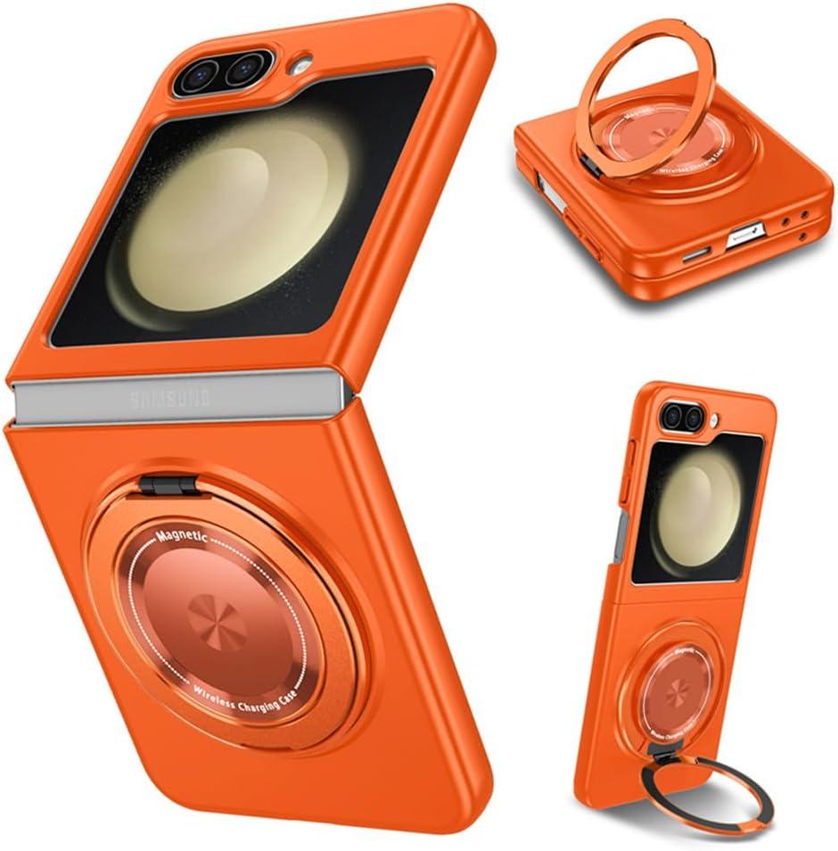 ZHOZEXIN Compatible with Samsung Galaxy Z Flip 5 Case, Rotate Ring Magnetic Protection Shockproof Cover for Samsung Galaxy Z Flip 5 5G, Foldable Slim Case (Orange)