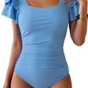 Eomenie Women's Tummy Control One Piece Swimsuit Ruffle Square Neck Bathing Suit Ruched Cutout Back Slimming Swimwear Large