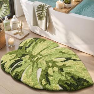 Color&Geometry Cute Green Monstera Leaf Bathroom Rug 32"x20", Fluffy, Plush, Soft, Non Slip, Absorbent Bath Mat, Machine Washable for Shower Floor, Kitchen Sink, Bedroom, Kids Room (Turtleback Leaf-medium)