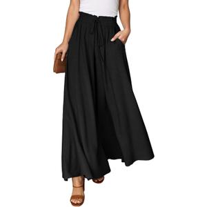 Dokotoo Pants for Women Casual Elastic Waist Wide Leg Pants with Pockets (Large, 1Black)