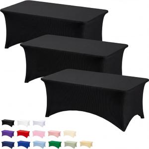 Fixwal 3 Pack Black Table Cloth for 6FT Rectangle Tables, Rectangular Tablecloths Stretch Spandex Fitted Table Covers 6FT for Party, Trade Show, Banquet, Wedding, Buffet, Graduation Decoration